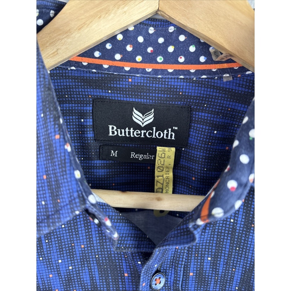 Butter Cloth Short Sleeve Button Up Shirt Size Medium Geometric Print Blue - Picture 2 of 8